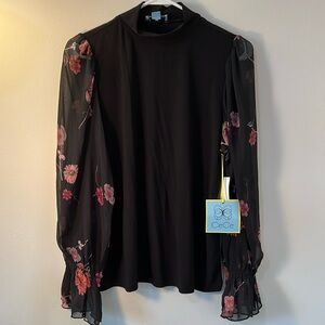 CeCe mock neck top with floral pattern sleeves